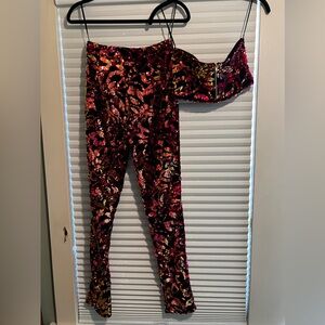 Floral pattern sequin two piece skinny pants and tube top